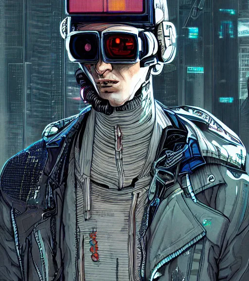 Image similar to a cyberpunk man with multiple digital patchwork faces, techwear, Industrial Scifi, detailed illustration, character portrait, by Martin Grip and Moebius