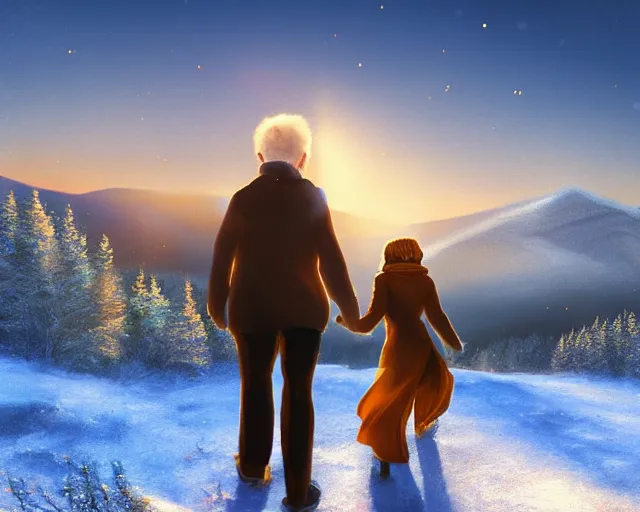 Prompt: danny devito and emma watson at a winter mountaintop, mount lafayette new hampshire, golden hour, snow, digital art, loving embrace, trending on artstation