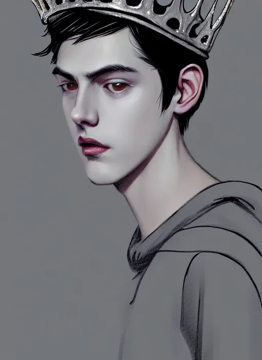 Image similar to portrait of teenage jughead jones wearing a light grey crown, photorealistic, crown, eyes closed, crown, black hair, intricate, elegant, glowing lights, highly detailed, digital painting, artstation, concept art, smooth, sharp focus, illustration, art by wlop, mars ravelo and greg rutkowski