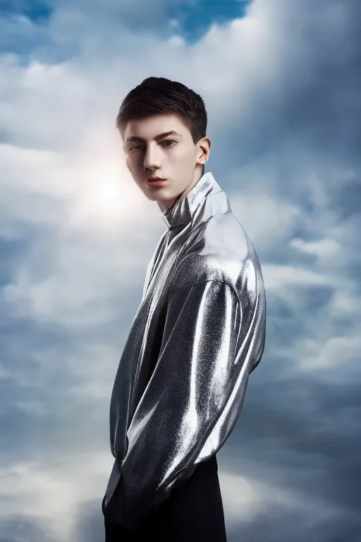 Image similar to un ultra high definition studio quality photographic art portrait of a young man standing on the rooftop of a british apartment building wearing soft padded silver pearlescent clothing. three point light. extremely detailed. golden ratio, ray tracing, volumetric light, shallow depth of field. set dressed.