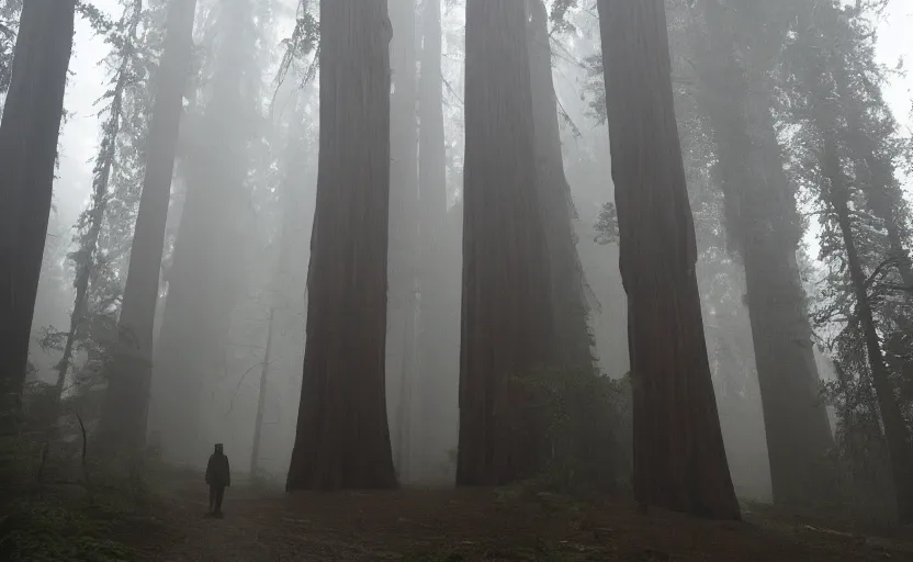 Image similar to 12 ft tall, faceless Slenderman standing in the forest, redwood sequoia trees, ominous foggy environment, best of artstation