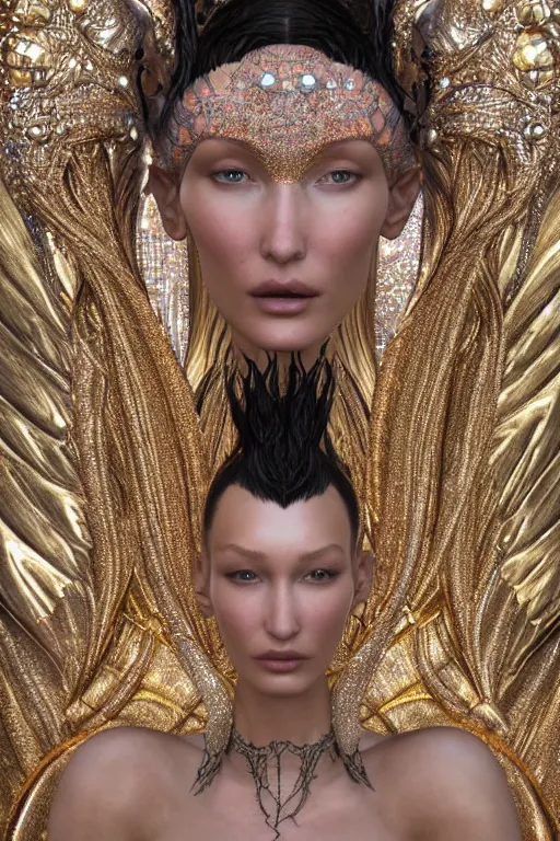 Prompt: a highly detailed metahuman 4 k close up render of an alien goddess bella hadid as shakti in iris van herpen dress schiaparelli in diamonds swarovski and jewelry in style of alphonse mucha gustav klimt trending on artstation made in unreal engine 4