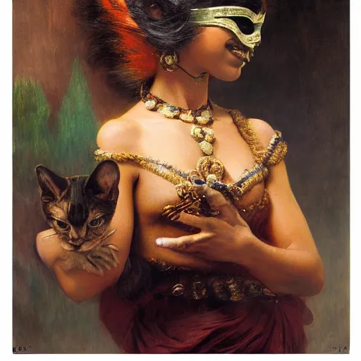 Image similar to detailed potrait 8 0 s srilankan girl with cat woman mask in baroque painting, girl graceful,, painting by gaston bussiere, craig mullins, j. c. leyendecker, lights, art by ernst haeckel, john william godward, hammershøi,,