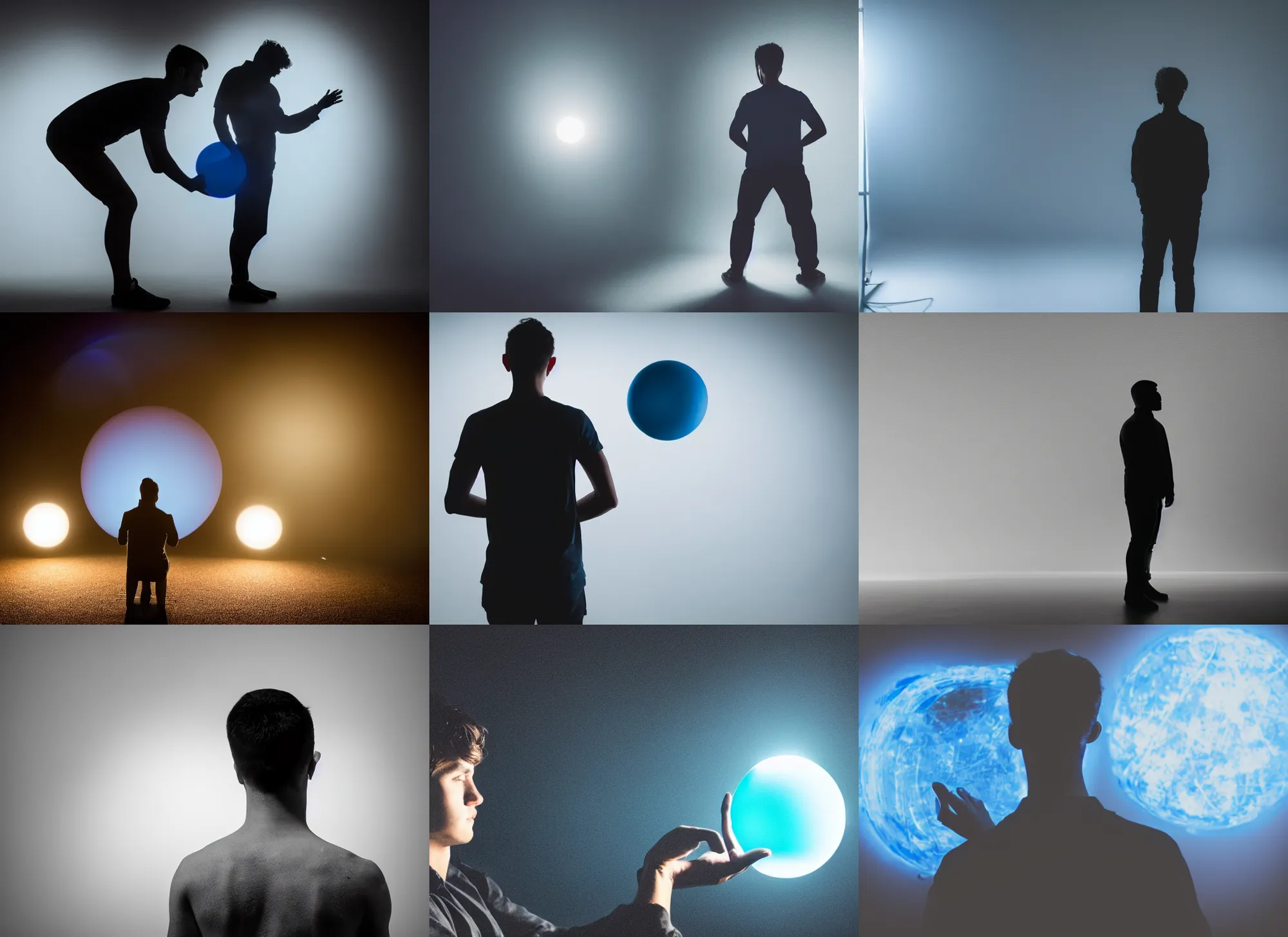 Prompt: photo still of behind view, dark silhouette of a young man, enchanting a blue orb, 8 k, studio lighting bright ambient lighting key light, 8 5 mm f 1. 8