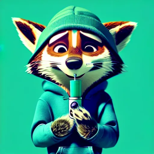 Prompt: a very relaxed stoner with a black hoodie on with a furry raccoon head from zootopia, wearing teal beanie, holding a small vape, blowing out smoke, 3 d render, 8 k, 4 k, extremely detailed fur, wearing a cool marijuana leaf t - shirt