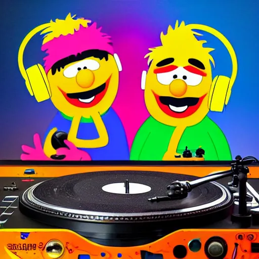 Image similar to svg sticker of a Pop-Wonder Bert&Ernie, Sesame-Street, at a rave, spinning records, giant headphones rocking out, wearing headphones, huge speakers, dancing, rave, DJ, spinning records, digital art, amazing composition, rule-of-thirds, award-winning, trending on artstation, featured on deviantart