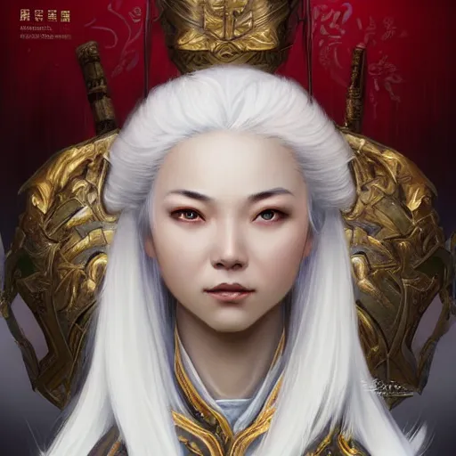 Prompt: female Chinese warrior, elegant, intricate, white hair, headshot, D&D, fantasy, highly detailed, digital painting, artstation, concept art, sharp focus, illustration, art by artgerm and greg rutkowski and alphonse mucha