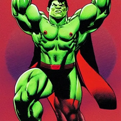 Prompt: The Hulk dressed like Superman wielding Thor's hammer