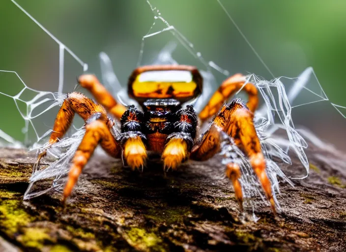 Image similar to super macro of a clear crystal spider with big eyes sitting on a flower, in the forest. fantasy magic style. highly detailed 8 k. intricate. nikon d 8 5 0 3 0 0 mm. award winning photography.