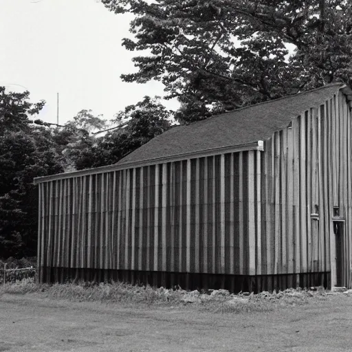 Prompt: 1 9 8 0's vertical wooden siding on newly constructed church in the year 1 9 8 0