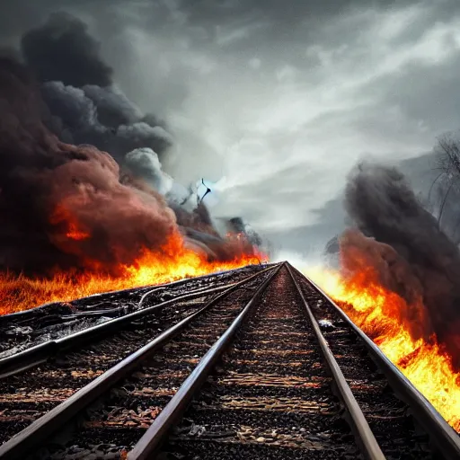Image similar to a person at a trainwreck, devastation on the railroad, atmospheric smoke and fog, fire and flames, post-apocalyptic, Cinematic horror, high detail, 4k