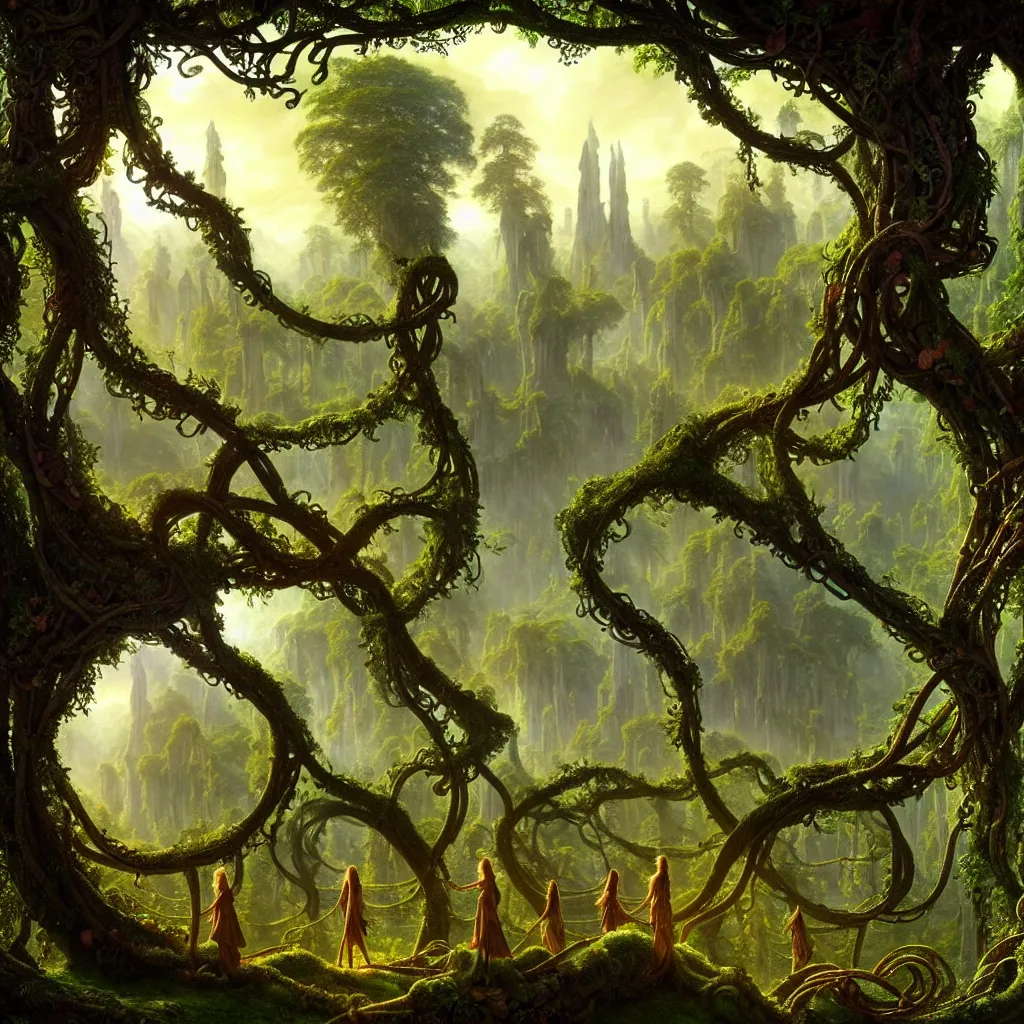 Image similar to a beautiful and highly detailed matte painting of an elven temple in a magical fantasy garden in a lush forest, ancient runes, knotted trees, tangled vines, intricate details, epic scale, insanely complex, 8 k, sharp focus, hyperrealism, very realistic, by caspar friedrich, albert bierstadt, james gurney, brian froud,