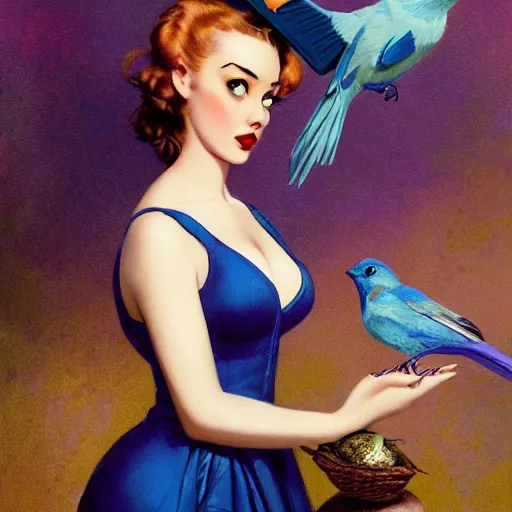 Image similar to portrait of a pinup girl holding an indigo bunting, bird, the bird is wearing a bowtie, by greg rutkowski, rossdraws, gil elvgren, enoch bolles, anime, porcelain skin, very coherent