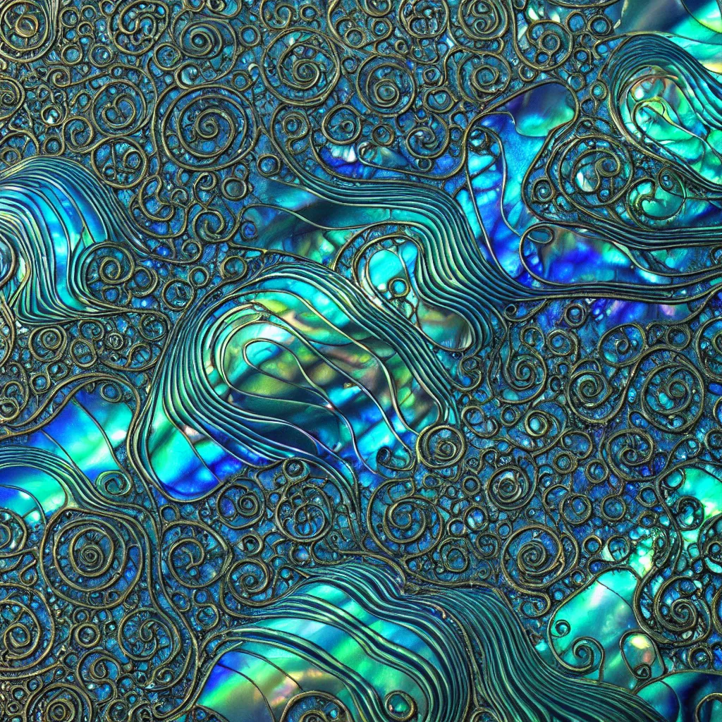 Prompt: art nouveau cresting oil slick waves, abalone, paua shell, hyperdetailed bubbles in a shiny iridescent oil slick wave, ornate copper patina medieval ornament, rococo, organic rippling spirals, octane render