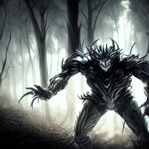 Prompt: extremely detailed artwork of an armored dark figure in a dark evil forest, super sayan, glowing hands, Sauron, Ultron, speedster, fantasy art, fog, heavy armor, knights armor, cinematic pose, pose