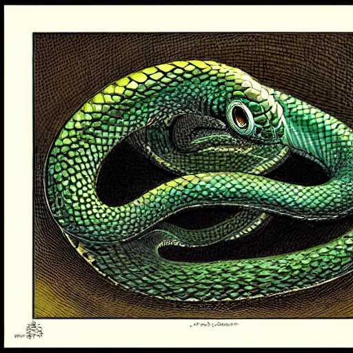 Prompt: cubic zirconia by john howe, by hal foster hideous. a beautiful photograph of a snake eating its own tail that seems to go on forever.