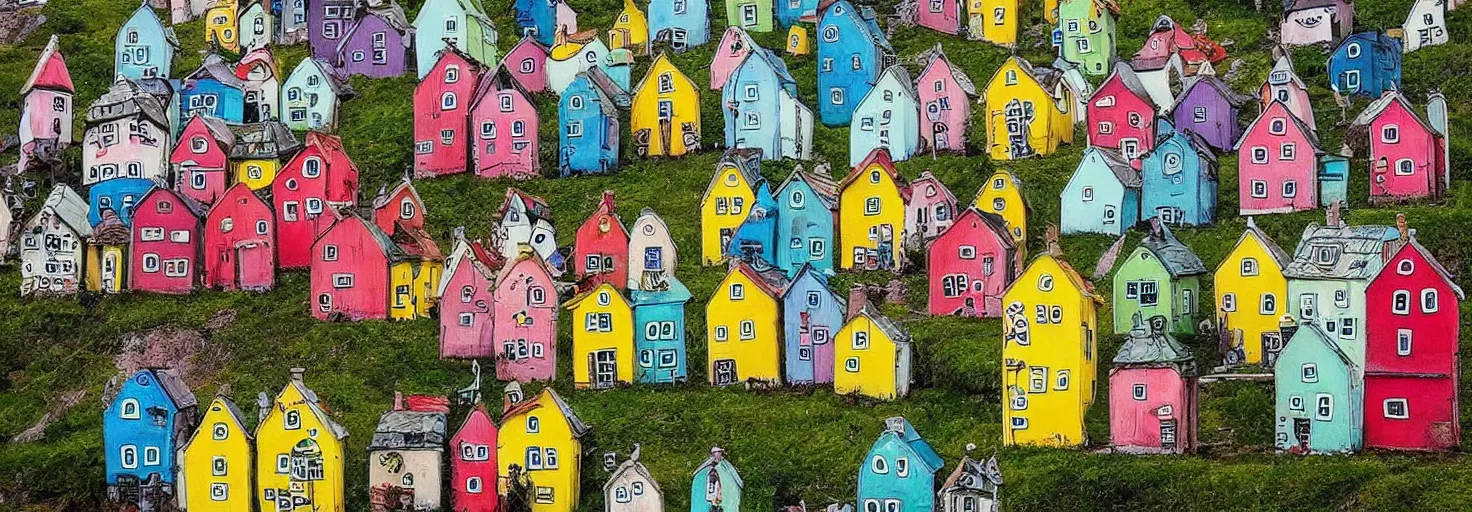 Image similar to quirky surreal naive houses painted by alexander jansson, bright colors.