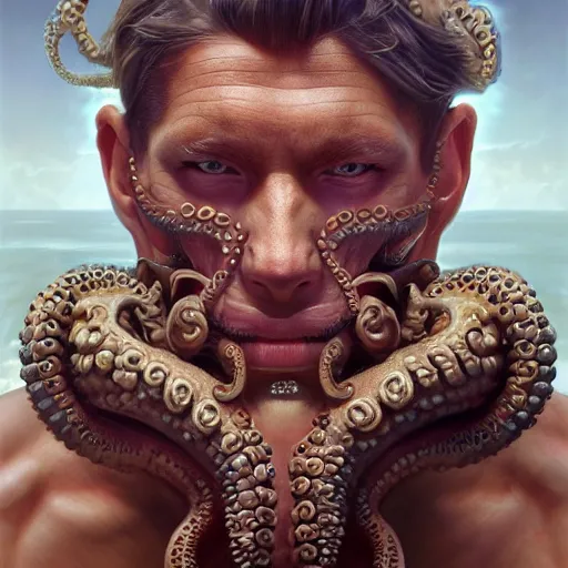 Image similar to portrait painting of octoman, half man, half octopus, ultra realistic, concept art, intricate details, extremely detailed, photorealistic, octane render, 8 k, unreal engine. art by artgerm and greg rutkowski and alphonse mucha