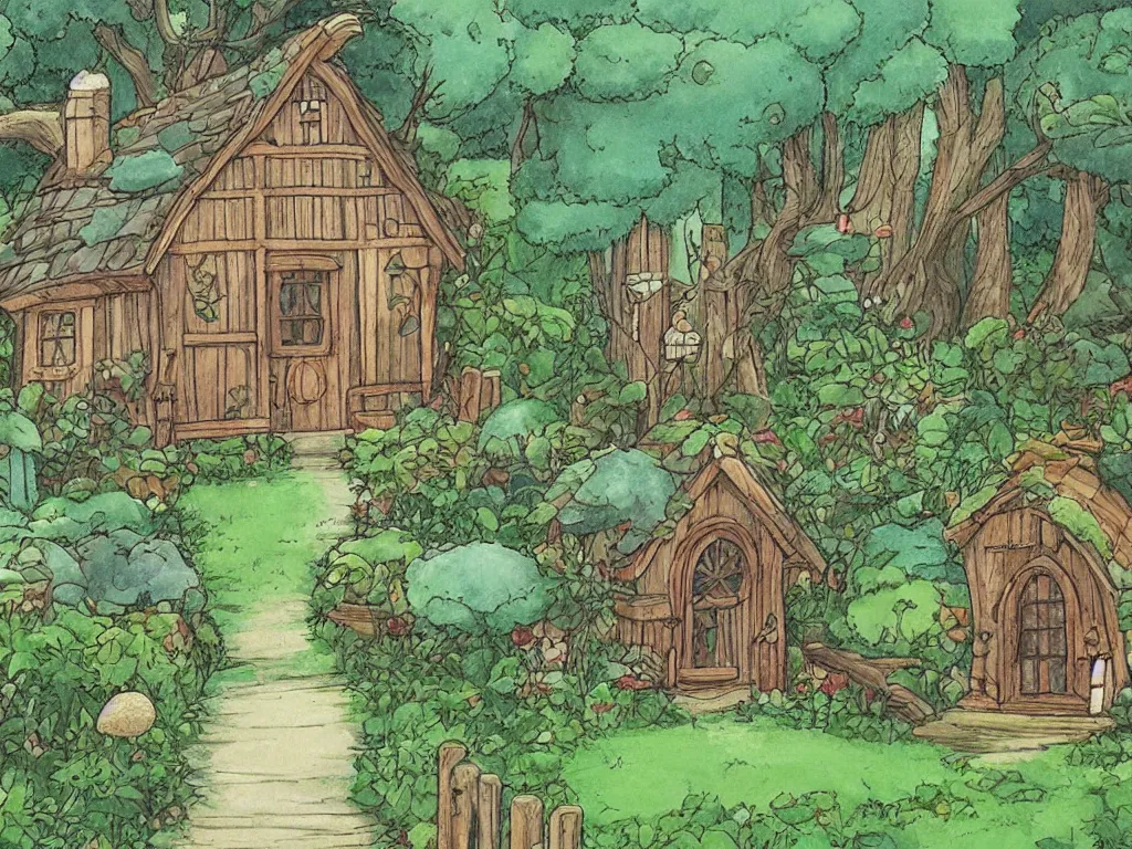 Image similar to garden wood house in the style of studio ghibli