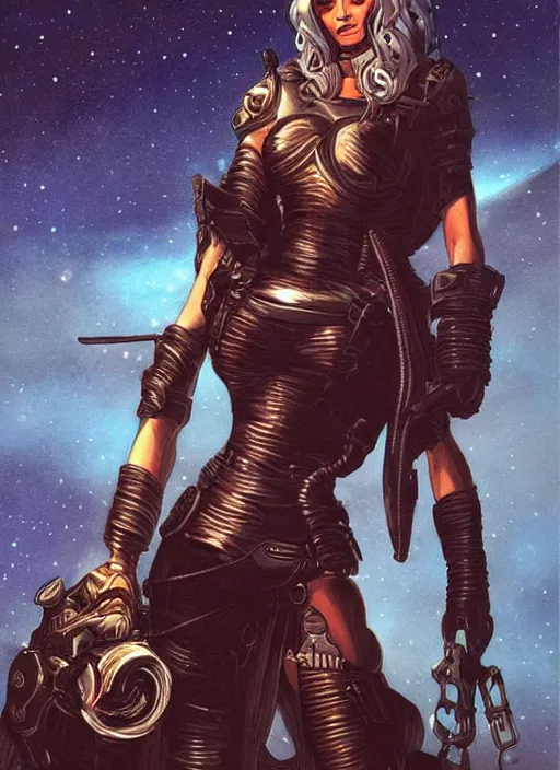 Image similar to portrait of female space pirate, night sky background, beautiful! coherent! by brom, deep color, strong line, high contrast