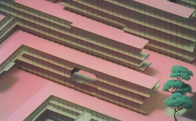 Image similar to huge sprawling gargantuan angular dimension of infinite indoor landscape japanese furniture with asian ceremonial temple. surrealism, mallsoft, vaporwave. muted colours, 8 0 s japanese interior design, shot from above, endless, neverending epic scale by escher and ricardo bofill