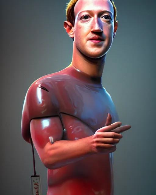 Prompt: mark zuckerberg as a sweet baby rays bbq sauce cyborg, full body portrait, oil on canvas, octane render, trending on artstation