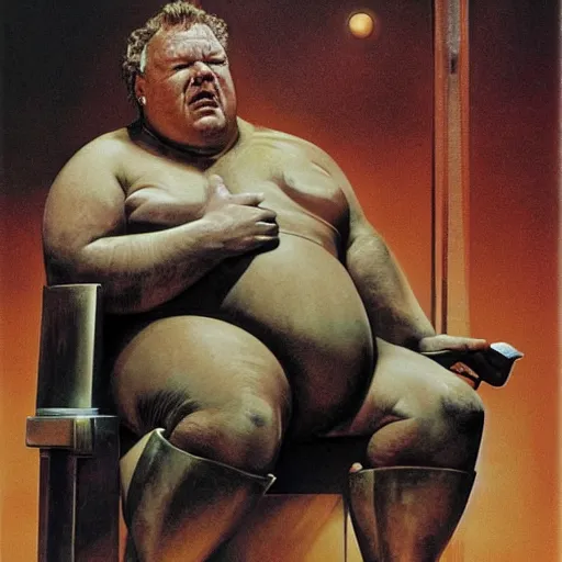 Image similar to ray winstone as baron harkonnen sitting on throne in dystopian science fiction hall in 1982 movie dune, by boris vallejo