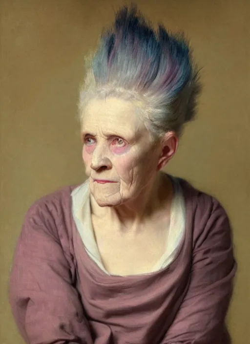 Image similar to a detailed portrait of old woman with a mohawk by edouard bisson, pink hair, punk rock, oil painting, muted colours, soft lighting