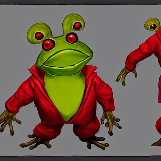 Prompt: character concept art page of a humanoid frog butcher with a red coat as an enemy in spyro the dragon video game concept art, spyro trilogy remaster concept art, playstation 1 era, activision blizzard style concept art, 4 k resolution concept art