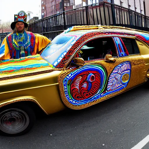 Image similar to wide angle panoramic photo of an indigenous chologoth shaman dressed with a quetzalcoatl feathered serpent on top of a golden lowrider car in brooklyn