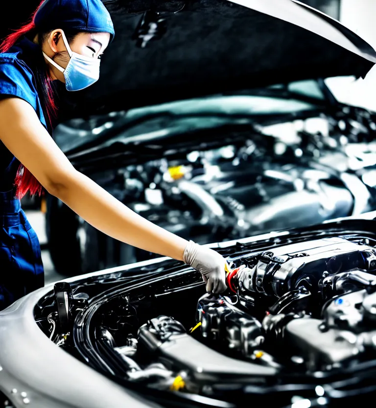 Image similar to a photo close up a female mechanic tuning the engine of a jdm supercar, wearing mask, japanese tuning garage, gunma prefecture, midnight, photorealistic, cinematic color, studio lighting, highly detailed, bokeh, style by tomino - sama