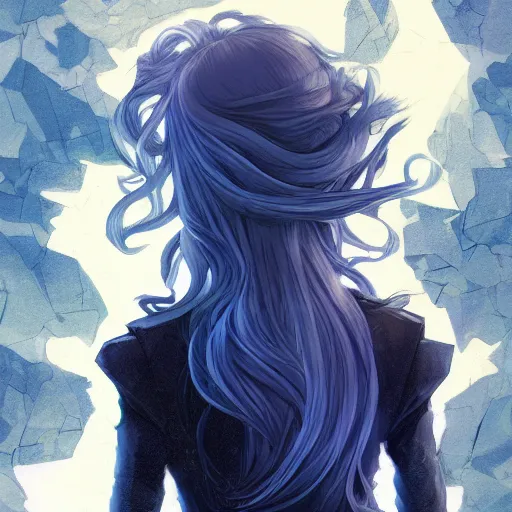 Image similar to low - angle shot from behind of a long blue - haired girl in a tailcoat overlooking demacia, noir, screenshot, sharp focus, intricate, illustration, cell shaded, digital painting, highly detailed, straight hair, art by ilya kuvshinov, wlop, greg rutkowski, studio quality, james jean
