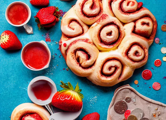 Image similar to sugary hot cinnamon rolls with extra glaze, strawberries, sprinkles, and coins, professional food photography, studio lighting, plating