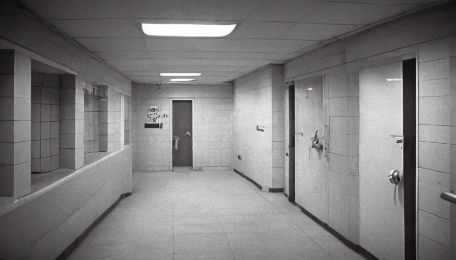 Image similar to 60s movie still of a sovietic stalinist style empty public bathroom, cinestill 800t 50mm eastmancolor, liminal Space style, heavy grain-s 150