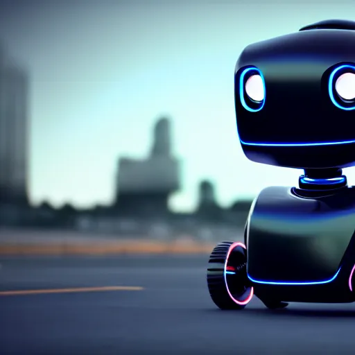 Image similar to a cute little robot in front of a car. super realistic 8 k render of a dark hooded powerful elegant, cinematic composition