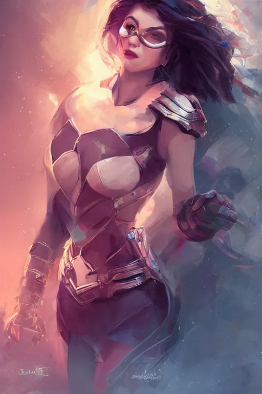 Prompt: three quarters portrait of a beautiful woman,super hero costume,heroic pose,highly detailed, digital painting,illustration, art by Stanley Lau