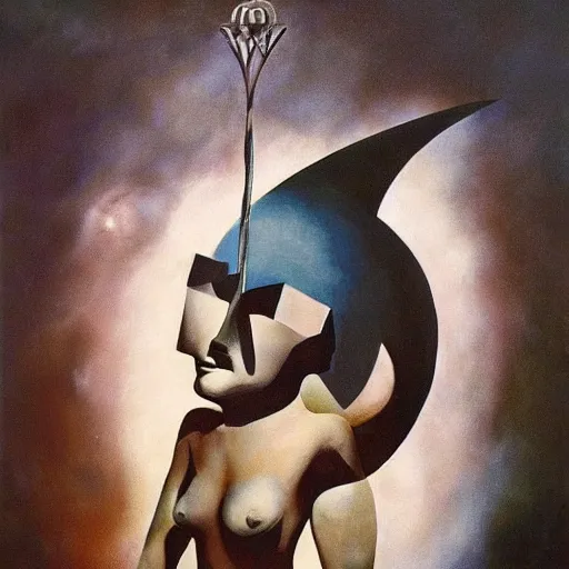 Prompt: Artemixel, the modern reincarnation of the old selenium god of hunt and moon, also known as Artemis the Selene, carrying the celebrated Crown of the Crescent Moon, wich its usual bright and slightly bluish crescent like the brightness of the night. Portrait by Frank Frazetta, Portrait by Jeffrey Smith, Portrait by Zdzislaw Beksinski, oil on canvas