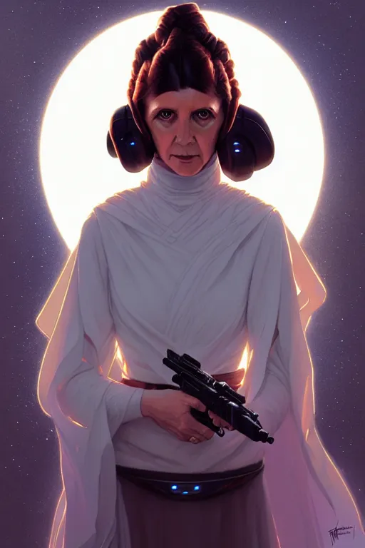 Image similar to a portrait of princess leia, fantasy, sharp focus, intricate, elegant, digital painting, artstation, matte, highly detailed, concept art, illustration, ambient lighting, art by ilya kuvshinov, artgerm, alphonse mucha, and greg rutkowski