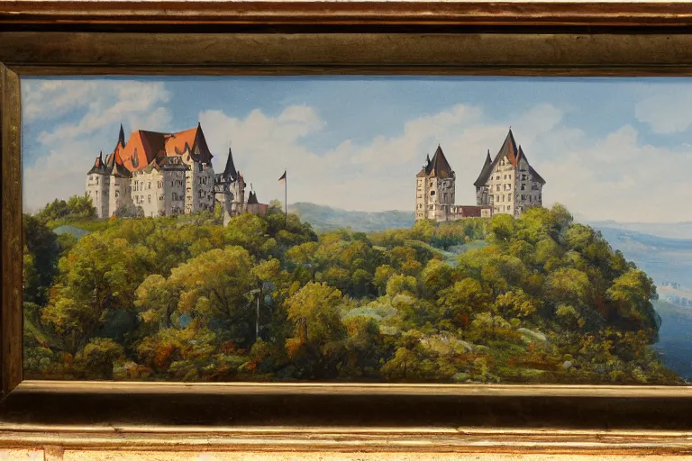 Image similar to a painting of a german castle on the cliff