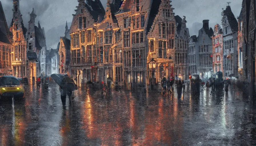 Prompt: vise, belgium under rain, people with umbrellas, wet roads, hyperdetailed, artstation, cgsociety, 8 k