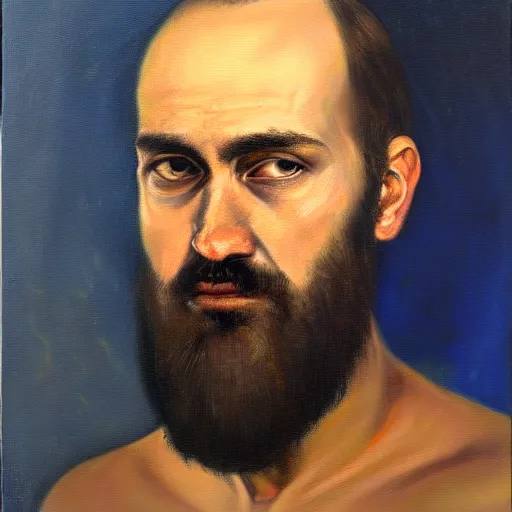 Prompt: arvo part, portrait, oil on canvas,