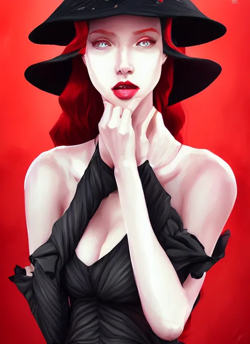 Prompt: a highly detailed illustration of tall beautiful red haired lady wearing black noir dress and black sun hat, elegant pose, perfect face, perfect body, perfect eyes, intricate, elegant, highly detailed, centered, digital painting, artstation, concept art, smooth, sharp focus, league of legends concept art, wlop.