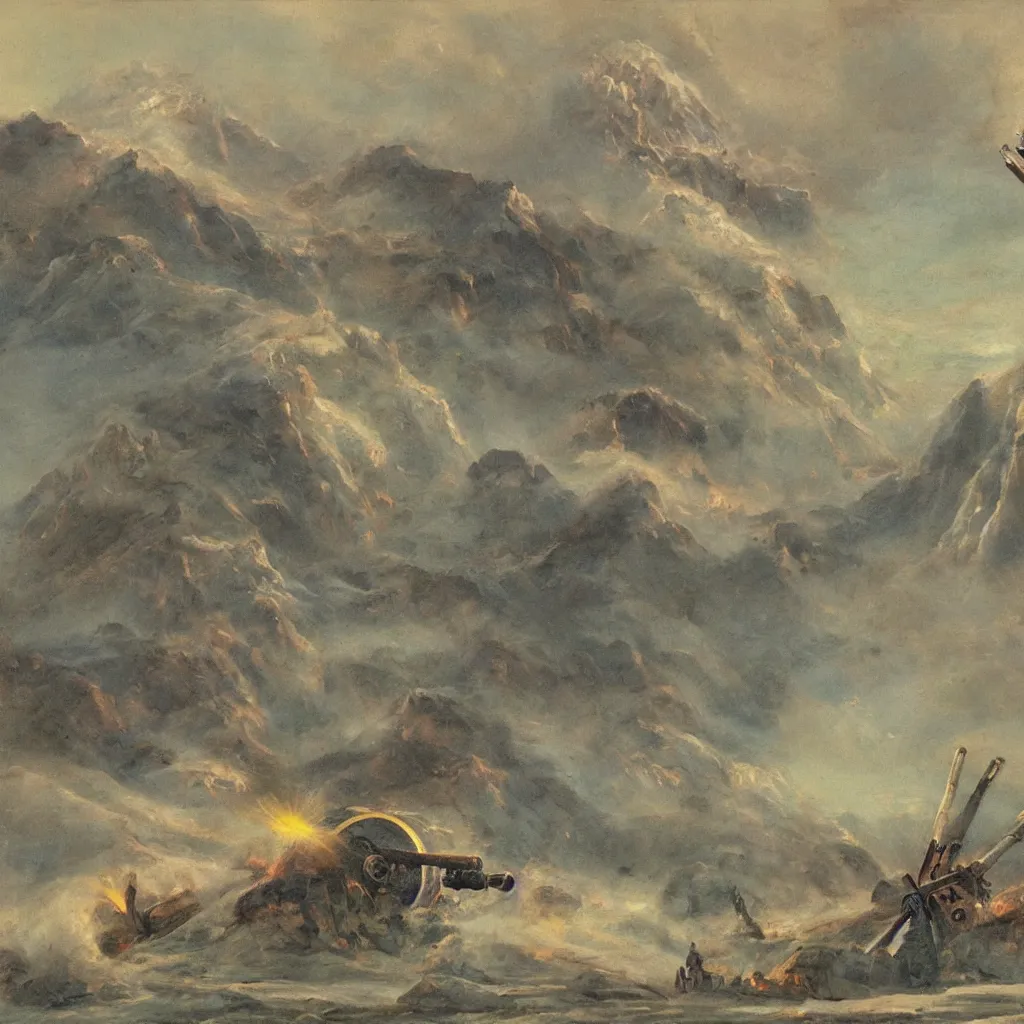 Prompt: a very detailed, beautiful painting of a great mountain transformed into a massive cannon aiming at the sky, preparing to fire