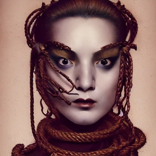 Prompt: portrait of a Shibari rope wrapped face and neck, headshot, insanely nice professional hair style, dramatic hair color, digital painting, of a old 16th century, Black Rubber Nun, amber jewels, baroque, ornate clothing, scifi, realistic, hyper detailed, chiaroscuro, concept art, art by Franz Hals and Jon Foster and Ayami Kojima and Amano and Karol Bak,