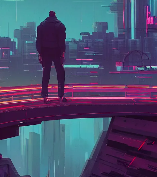 Image similar to a man standing on top of a bridge over a city, cyberpunk art by james gilleard, cgsociety, retrofuturism, synthwave, cityscape, 2 d game art