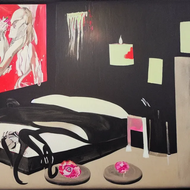 Image similar to bedroom with black walls and a futon, sensual portrait of a woman sleeping, cracked handmade pottery vase, candles, white flowers on the floor, puddle of water, octopus, squashed berries, neo - expressionism, surrealism, acrylic and spray paint and oilstick on canvas