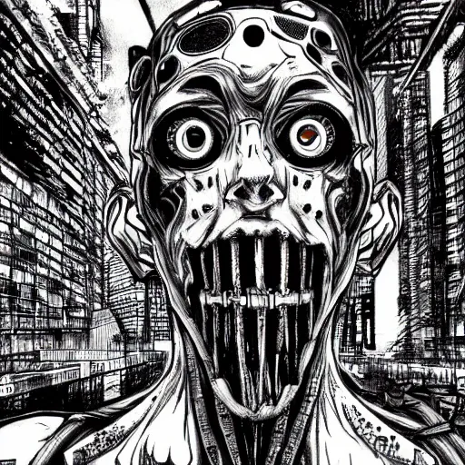 Prompt: horrific cyberpunk robot human cyborg, flesh and bones exposed, junji ito style manga drawing, highly detailed