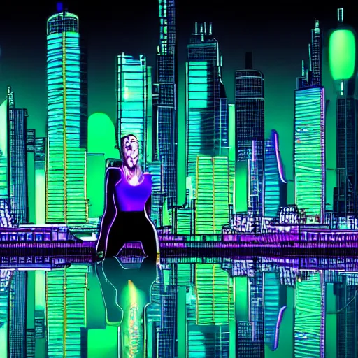 Image similar to cyberpunk city with a woman with a side head shave. city lights of aqua, green, and purple neon lighting, reflections