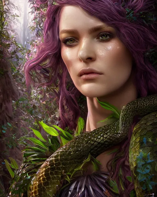 Image similar to portrait high definition photograph female fantasy character art, hyper realistic, pretty face, hyperrealism, iridescence water elemental, snake skin armor forest dryad, woody foliage, 8 k dop dof hdr fantasy character art, by aleski briclot and alexander'hollllow'fedosav and laura zalenga