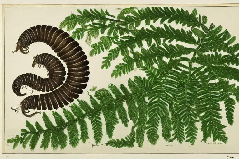 Prompt: naturalist drawing of an extinct giant millipede in a lush fern forest